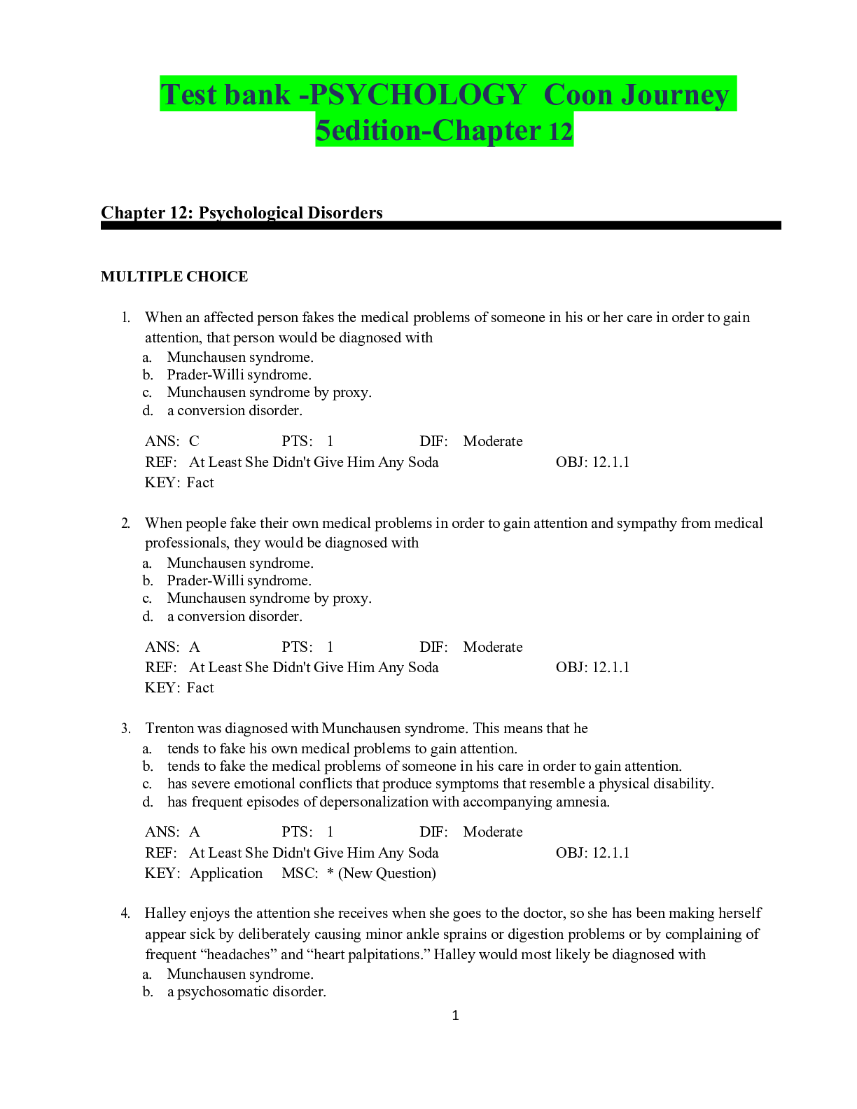 Preview of Test bank -PSYCHOLOGY  Coon Journey 5edition-Chapter 12